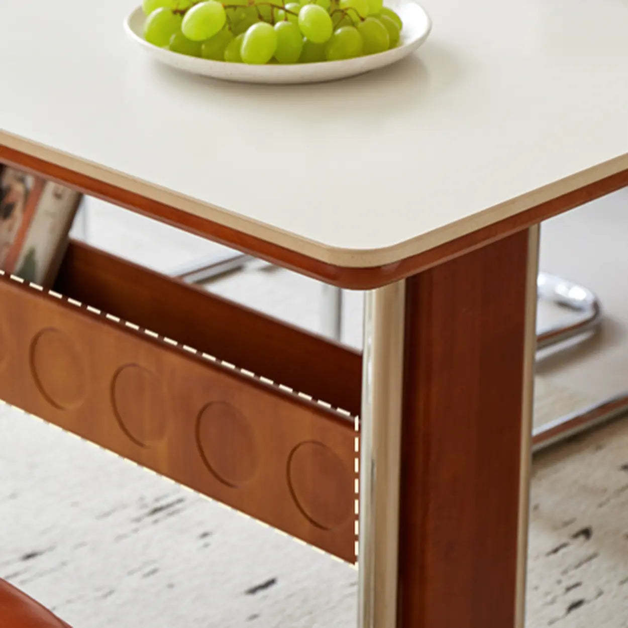 Mid-Century Stone Top Dining Table with Shelf — White / Table Only
