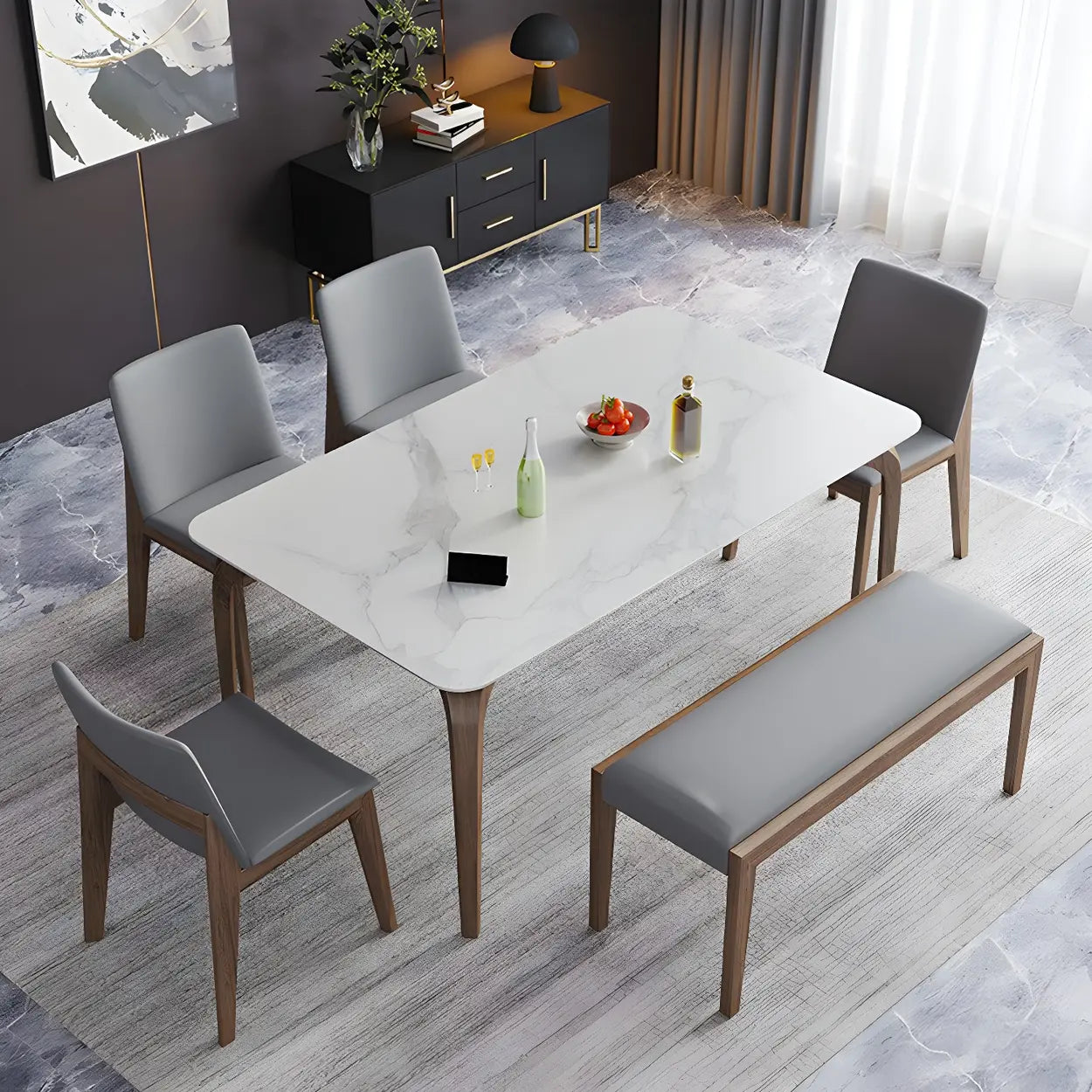 Mid-Century Rectangular White Stone Dining Table — Table Only