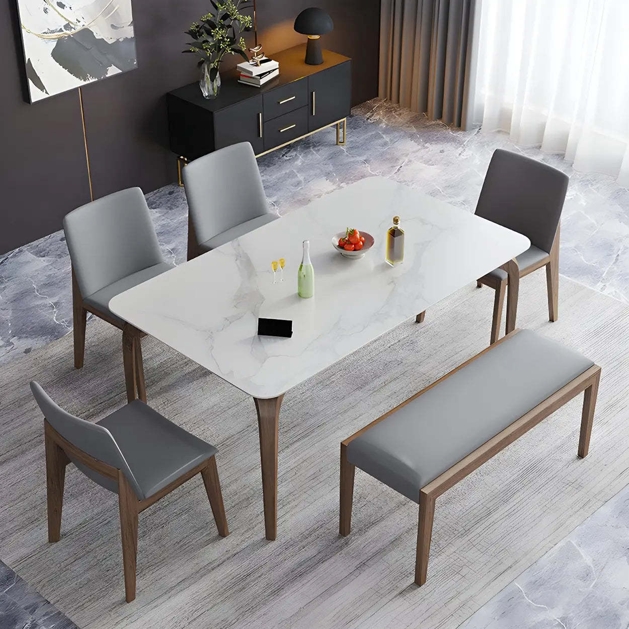 Mid-Century Rectangular White Stone Dining Table — Table Only