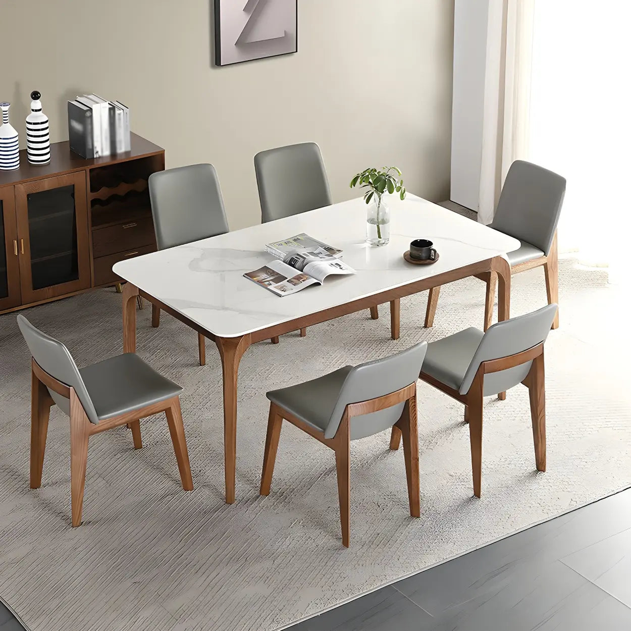 Mid-Century Rectangular White Stone Dining Table — Table Only