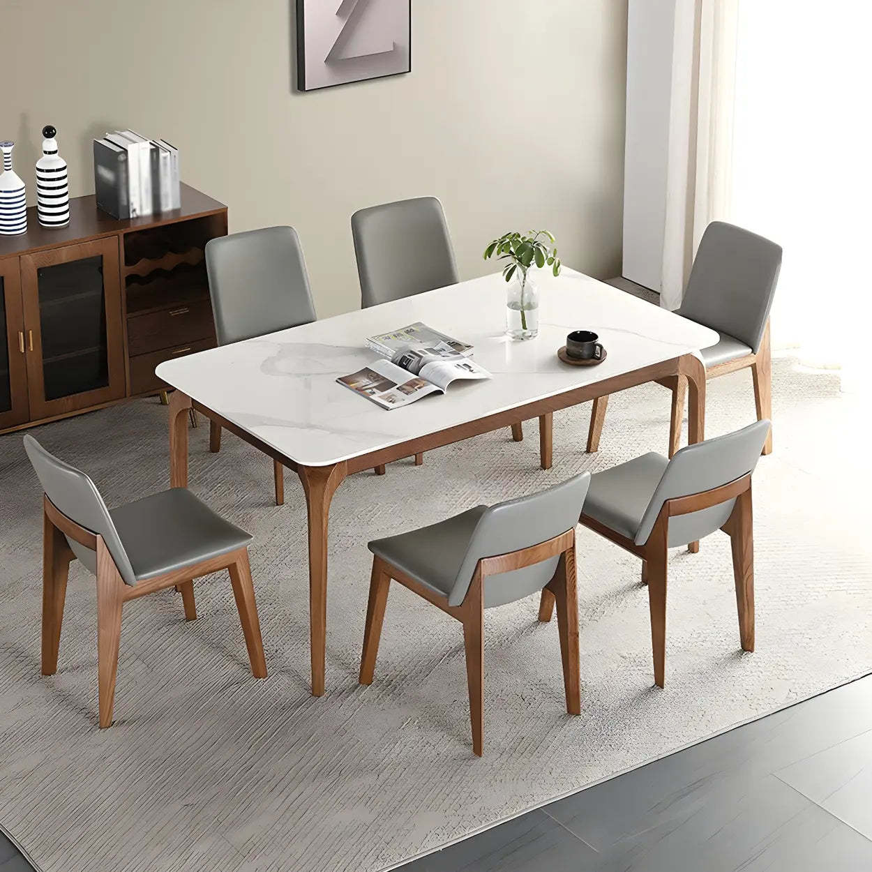 Mid-Century Rectangular White Stone Dining Table — Table Only
