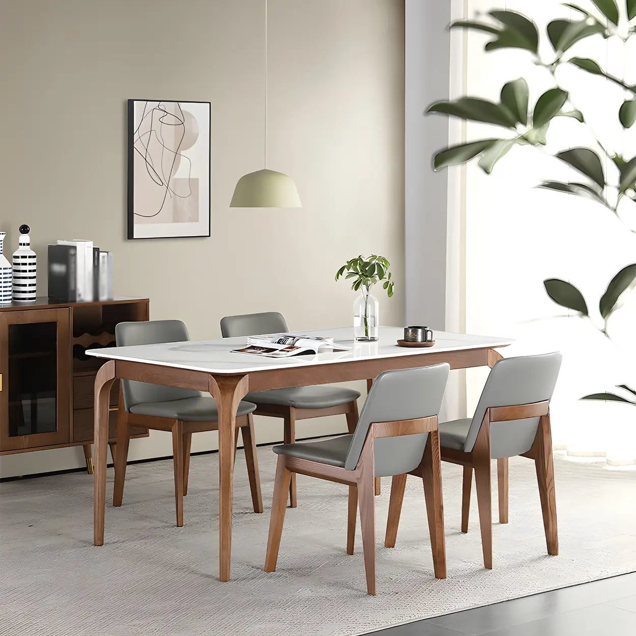 Mid-Century Rectangular White Stone Dining Table — Table Only