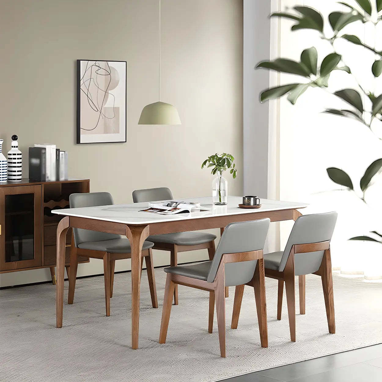 Mid-Century Rectangular White Stone Dining Table — Table Only
