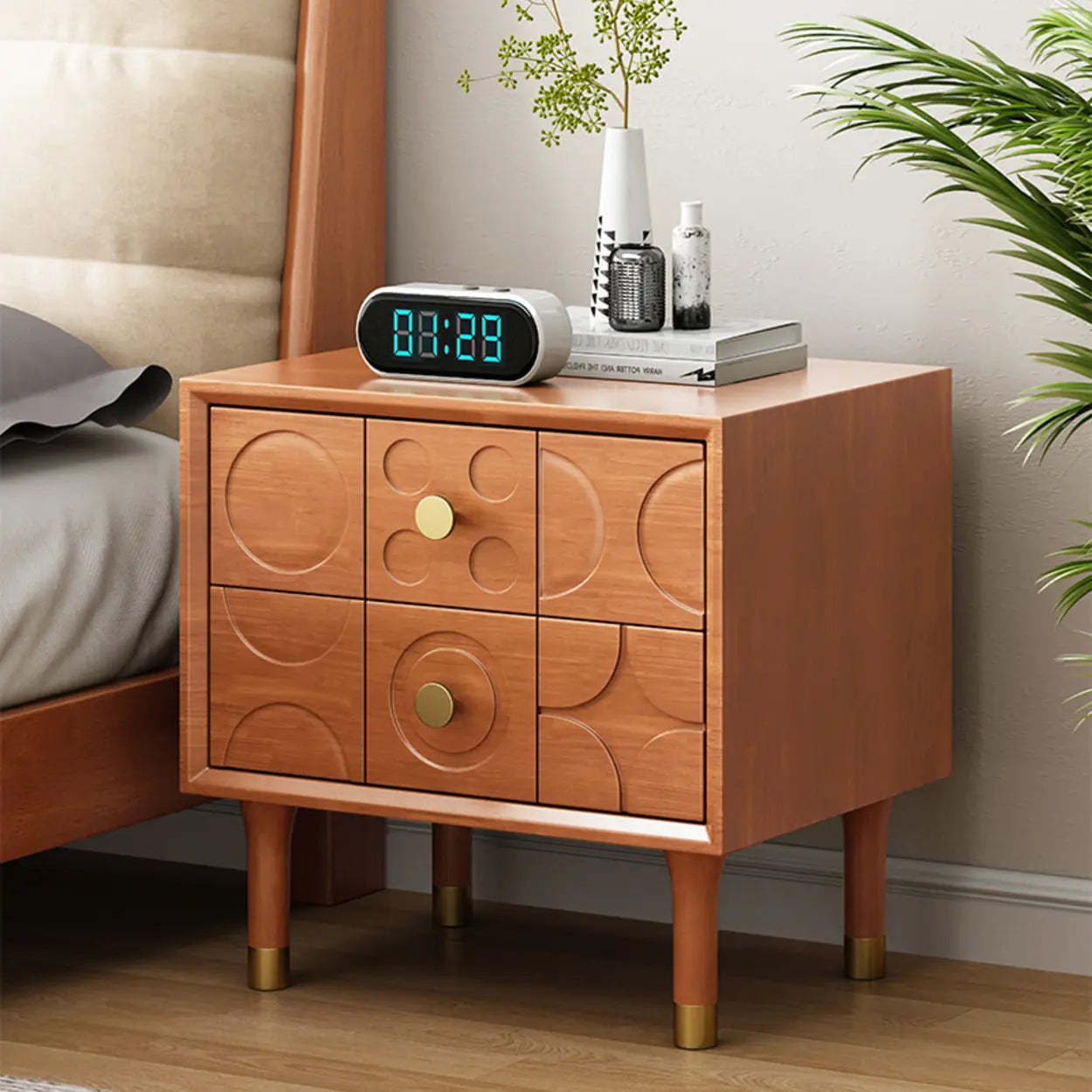 Mid-Century Rectangular Wood Nightstand with Drawers — Cherry Wood