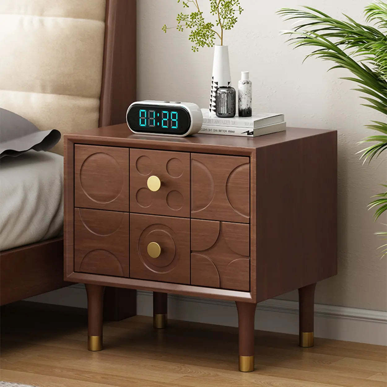 Mid-Century Rectangular Wood Nightstand with Drawers