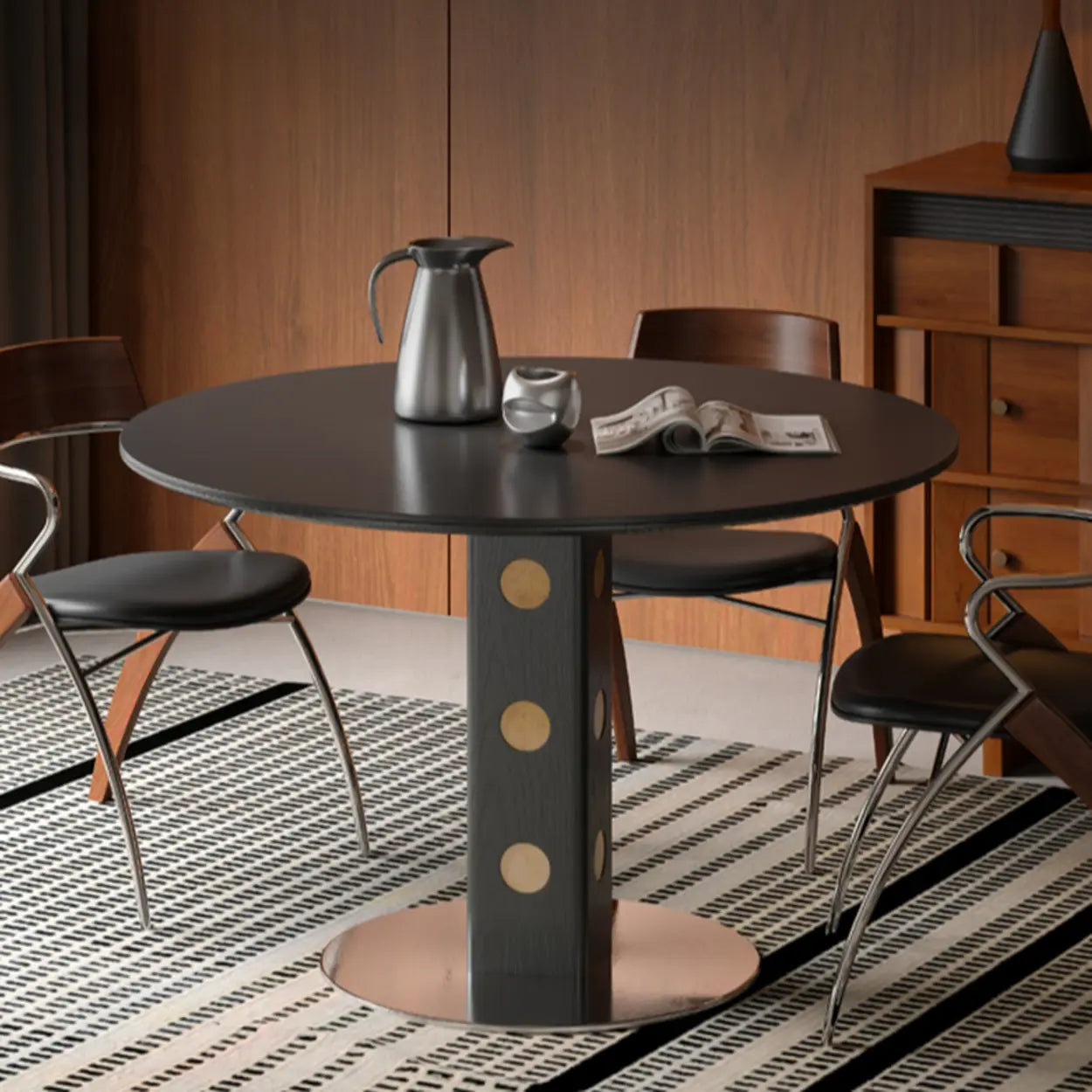 Mid-Century Round Black Wood Pedestal Dining Table