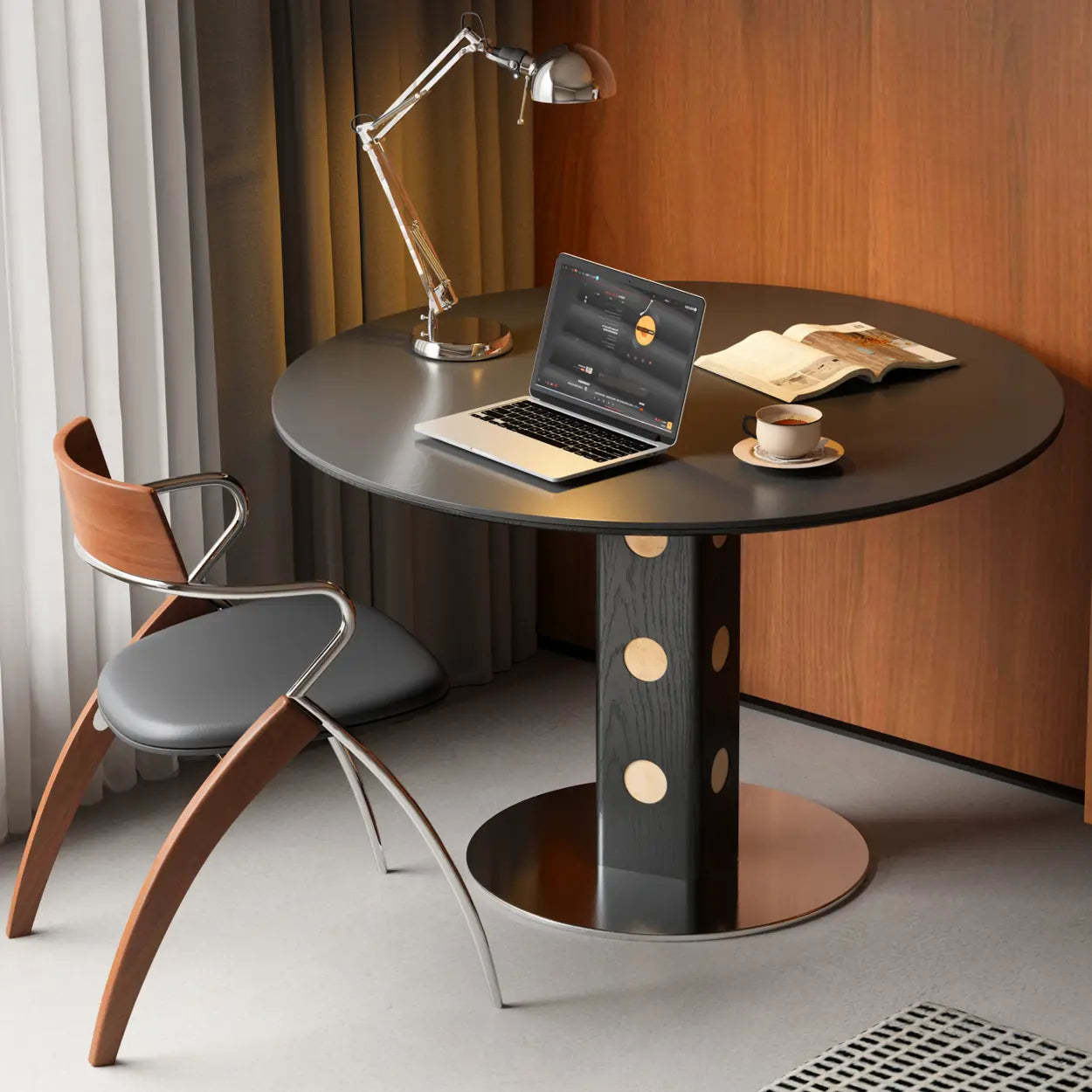 Mid-Century Round Black Wood Pedestal Dining Table — Table Only