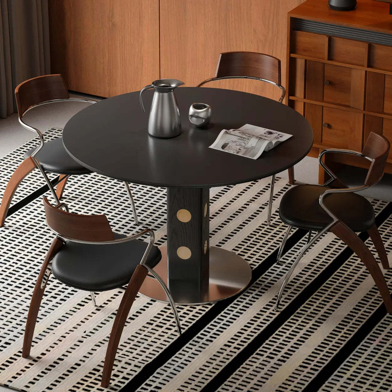 Mid-Century Round Black Wood Pedestal Dining Table — Table Only