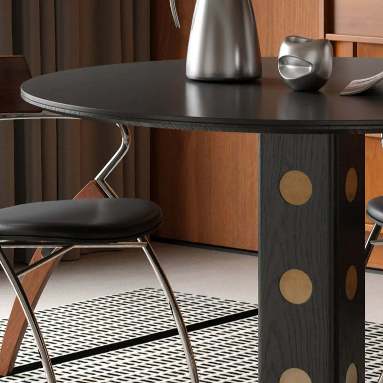 Mid-Century Round Black Wood Pedestal Dining Table — Table Only