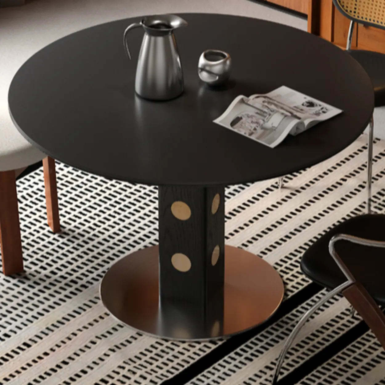 Mid-Century Round Black Wood Pedestal Dining Table — Table Only