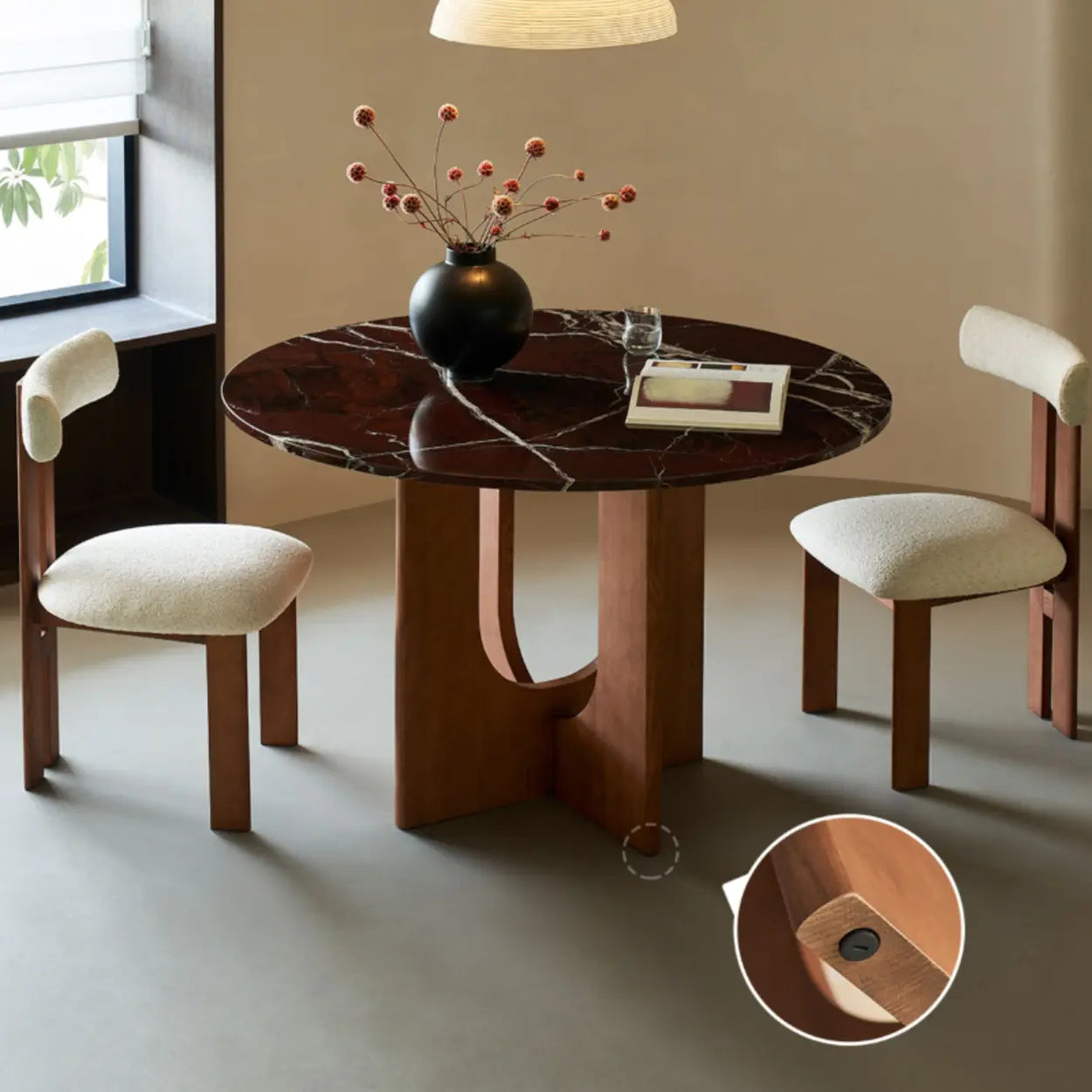 Mid-Century Round Brown Wood Pedestal Dining Table — Brown / Table Only