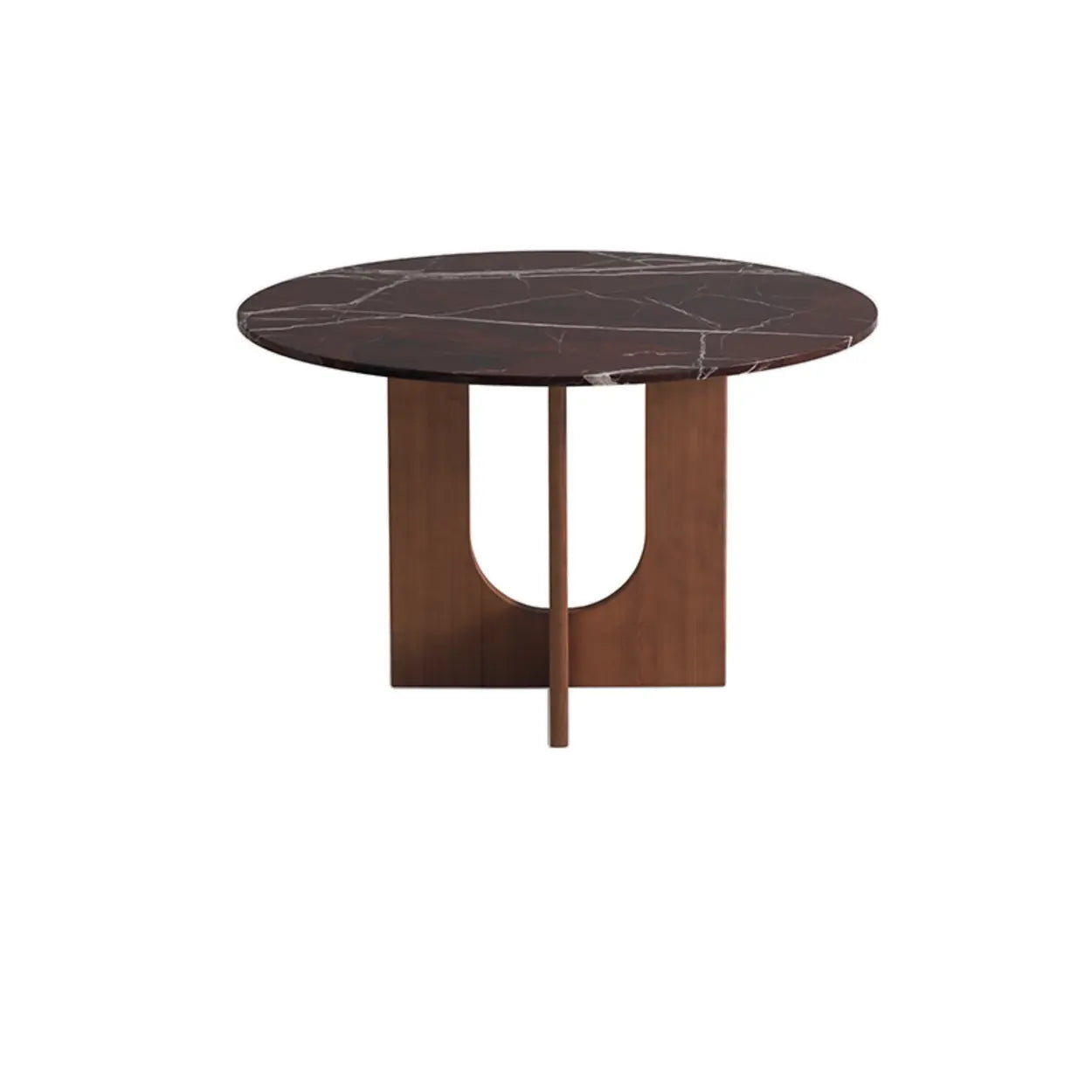 Mid-Century Round Brown Wood Pedestal Dining Table — Red Copper/Black / Table Only