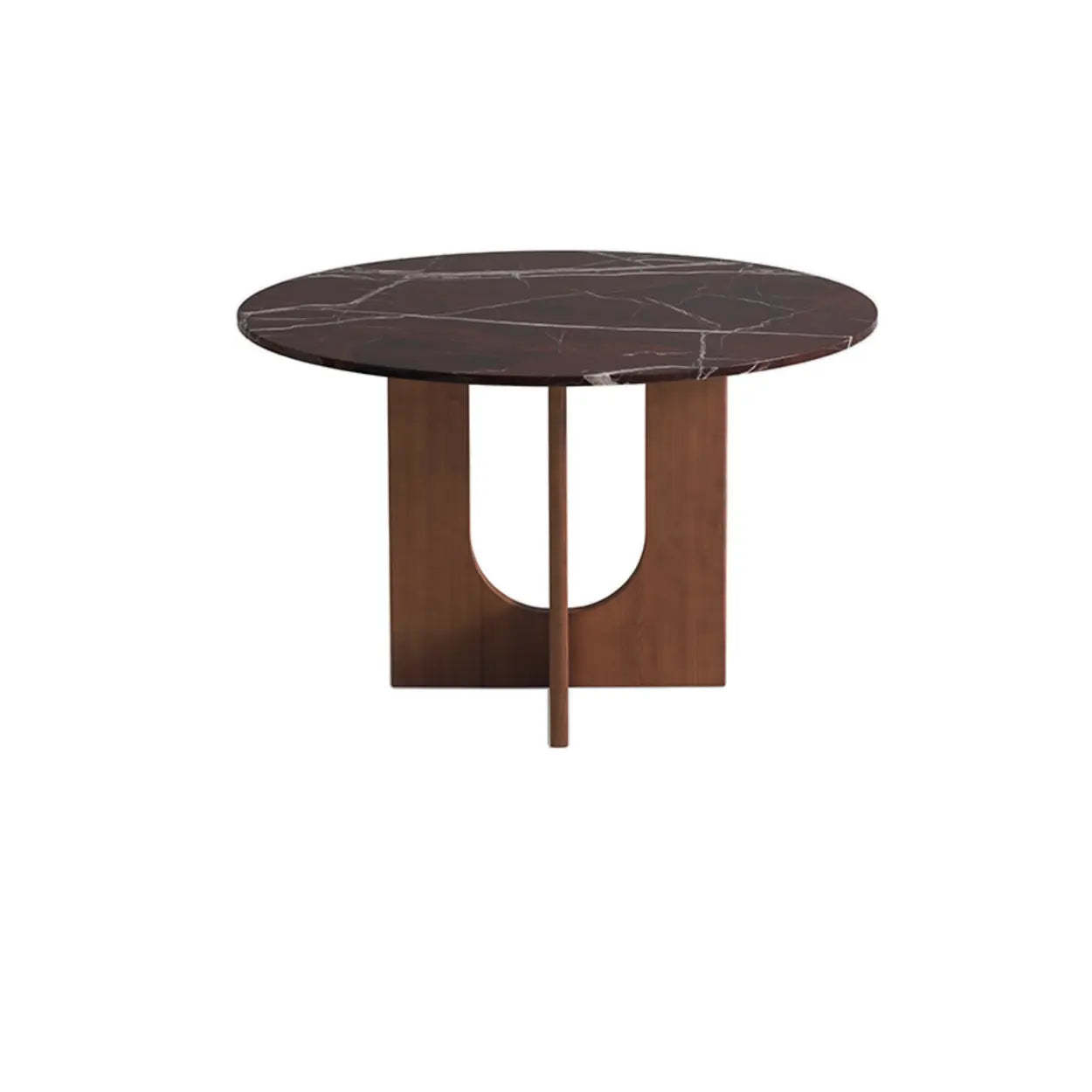 Mid-Century Round Brown Wood Pedestal Dining Table — Red Copper/Black / Table Only