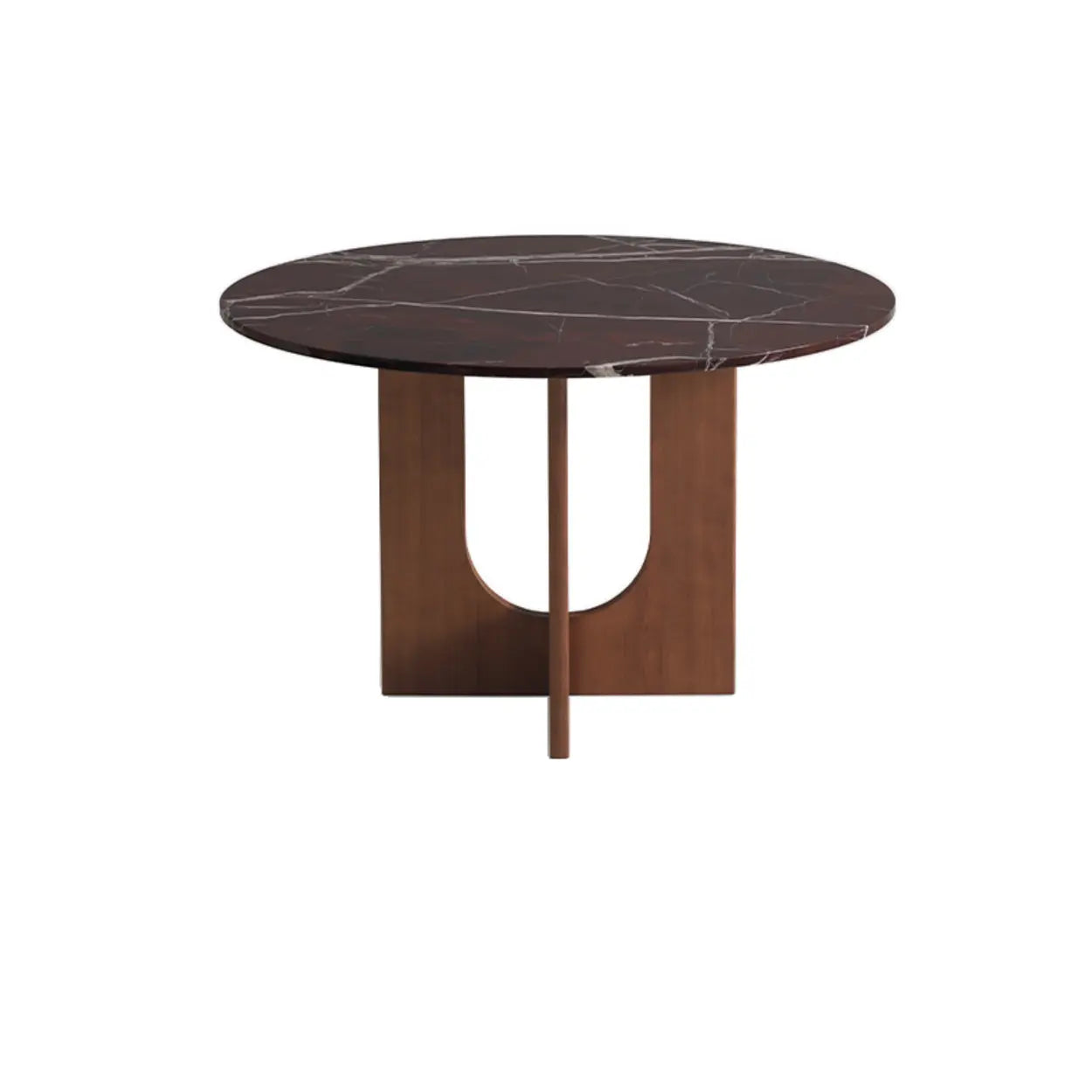 Mid-Century Round Brown Wood Pedestal Dining Table — Red Copper/Black / Table Only