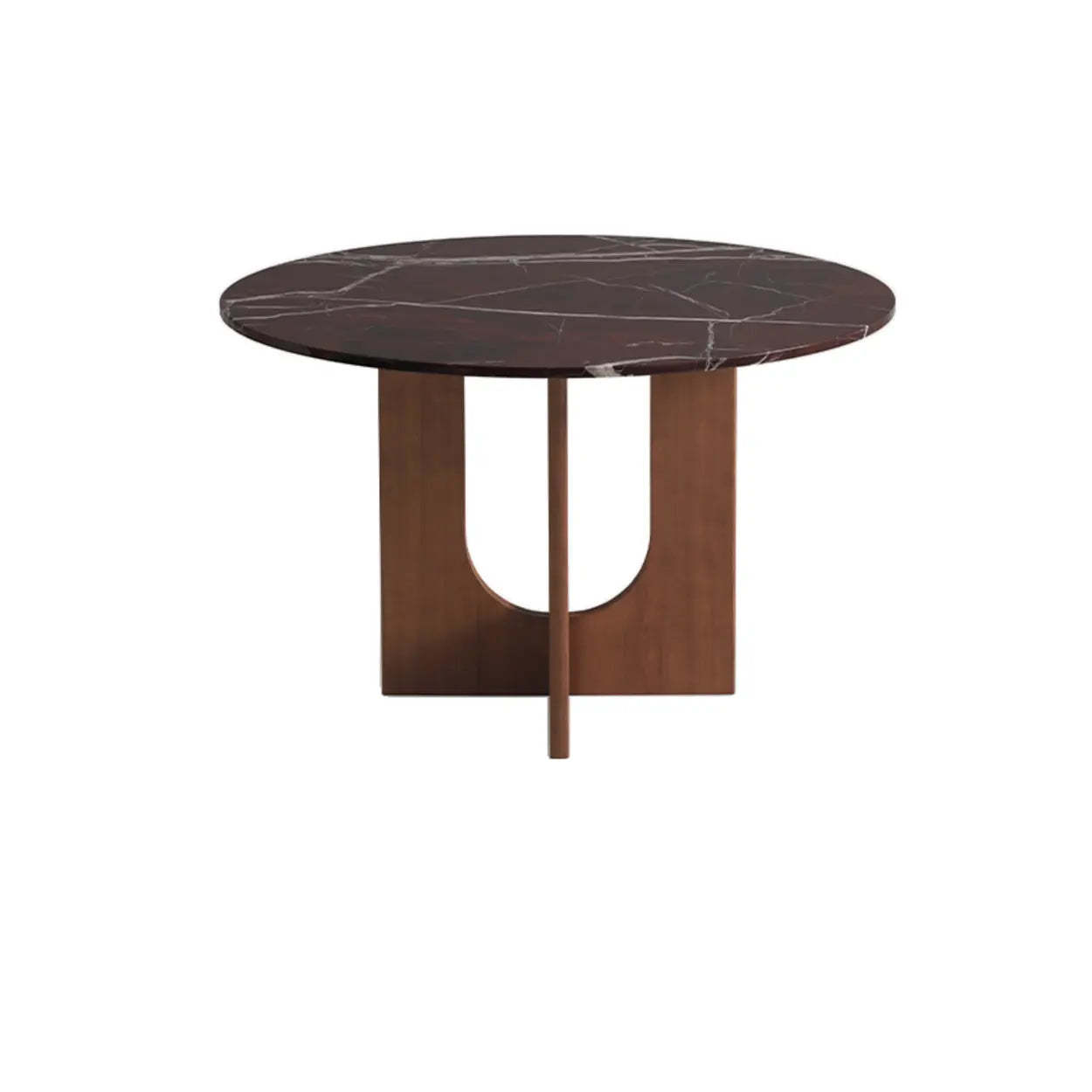 Mid-Century Round Brown Wood Pedestal Dining Table — Red Copper/Black / Table Only