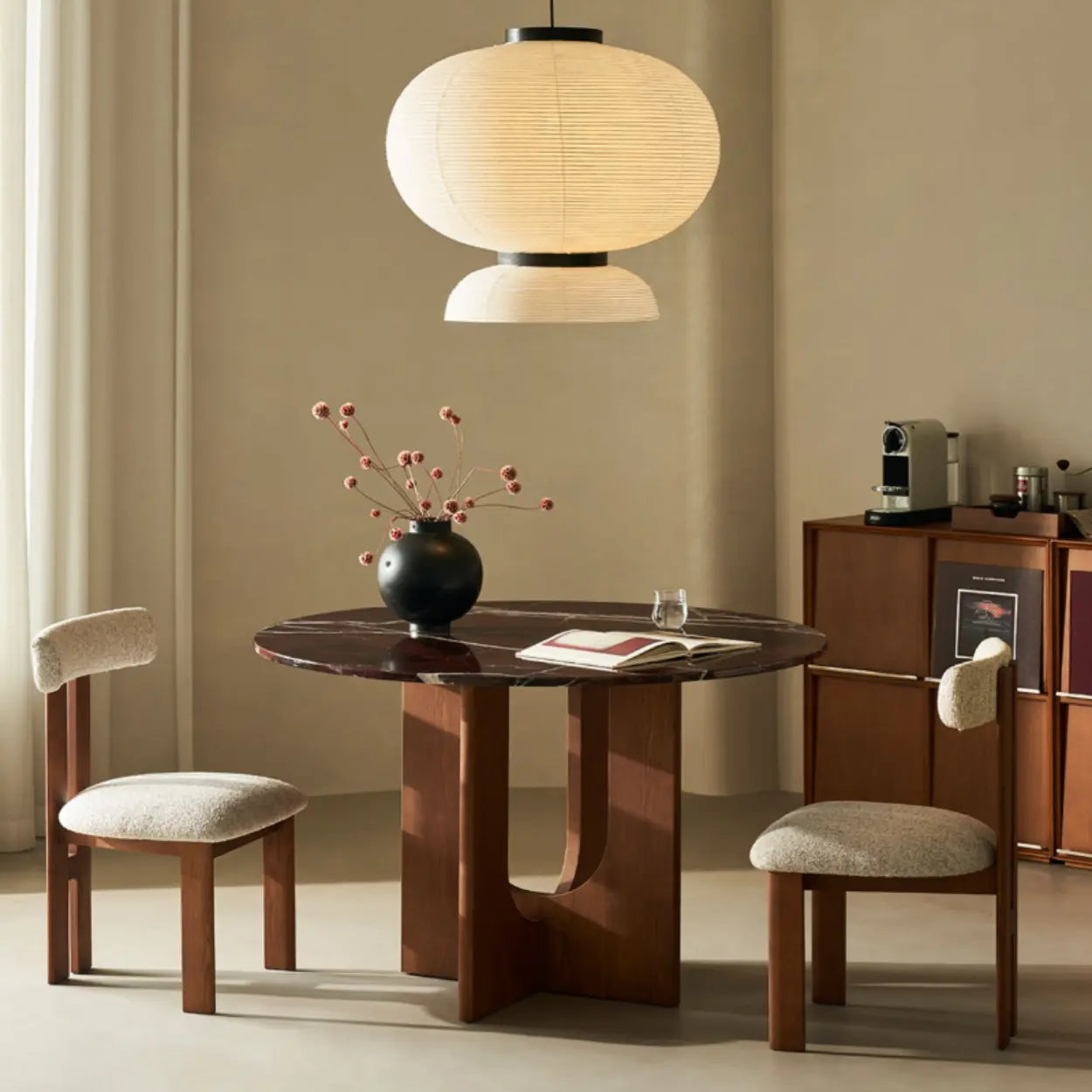 Mid-Century Round Brown Wood Pedestal Dining Table
