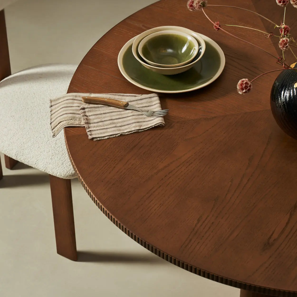 Mid-Century Round Brown Wood Pedestal Dining Table