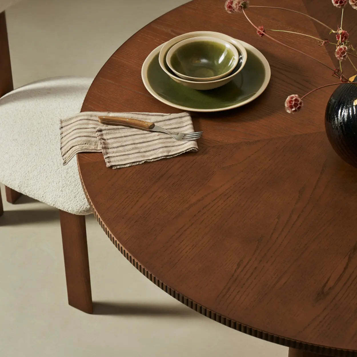 Mid-Century Round Brown Wood Pedestal Dining Table