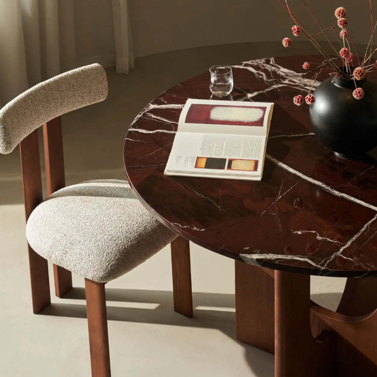 Mid-Century Round Brown Wood Pedestal Dining Table