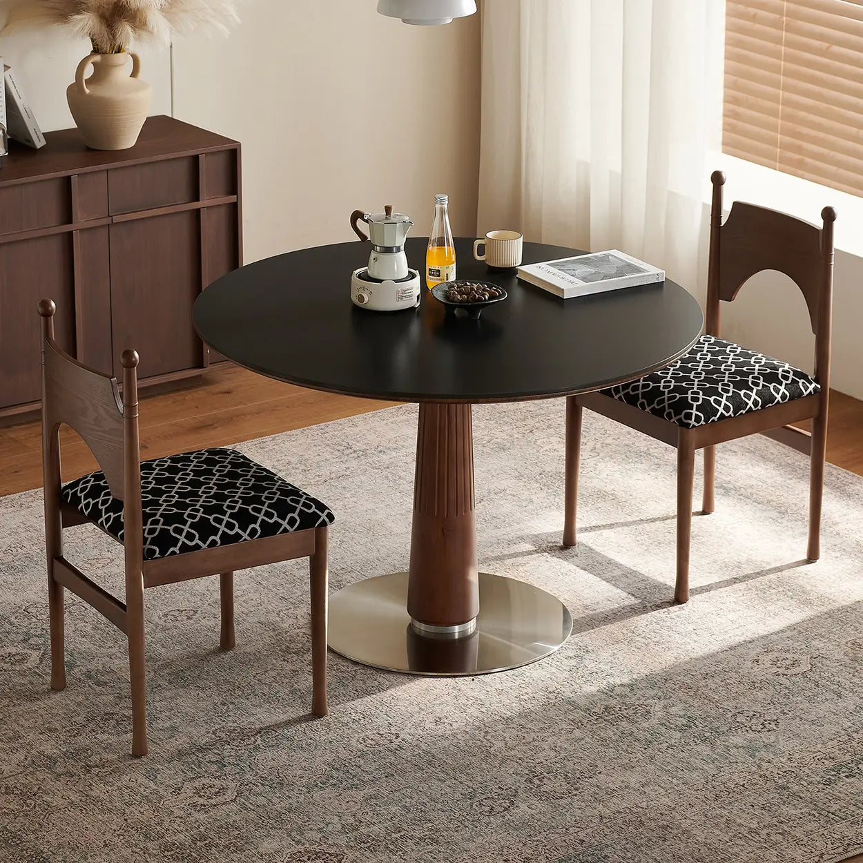 Mid-Century Round Stone Wood Pedestal Dining Table