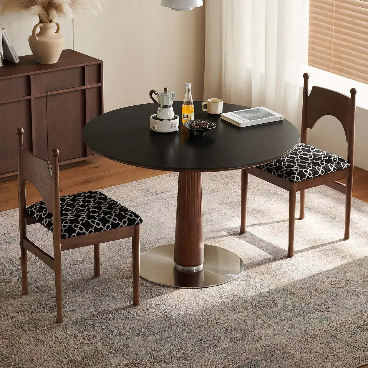 Mid-Century Round Stone Wood Pedestal Dining Table — Black / Table Only