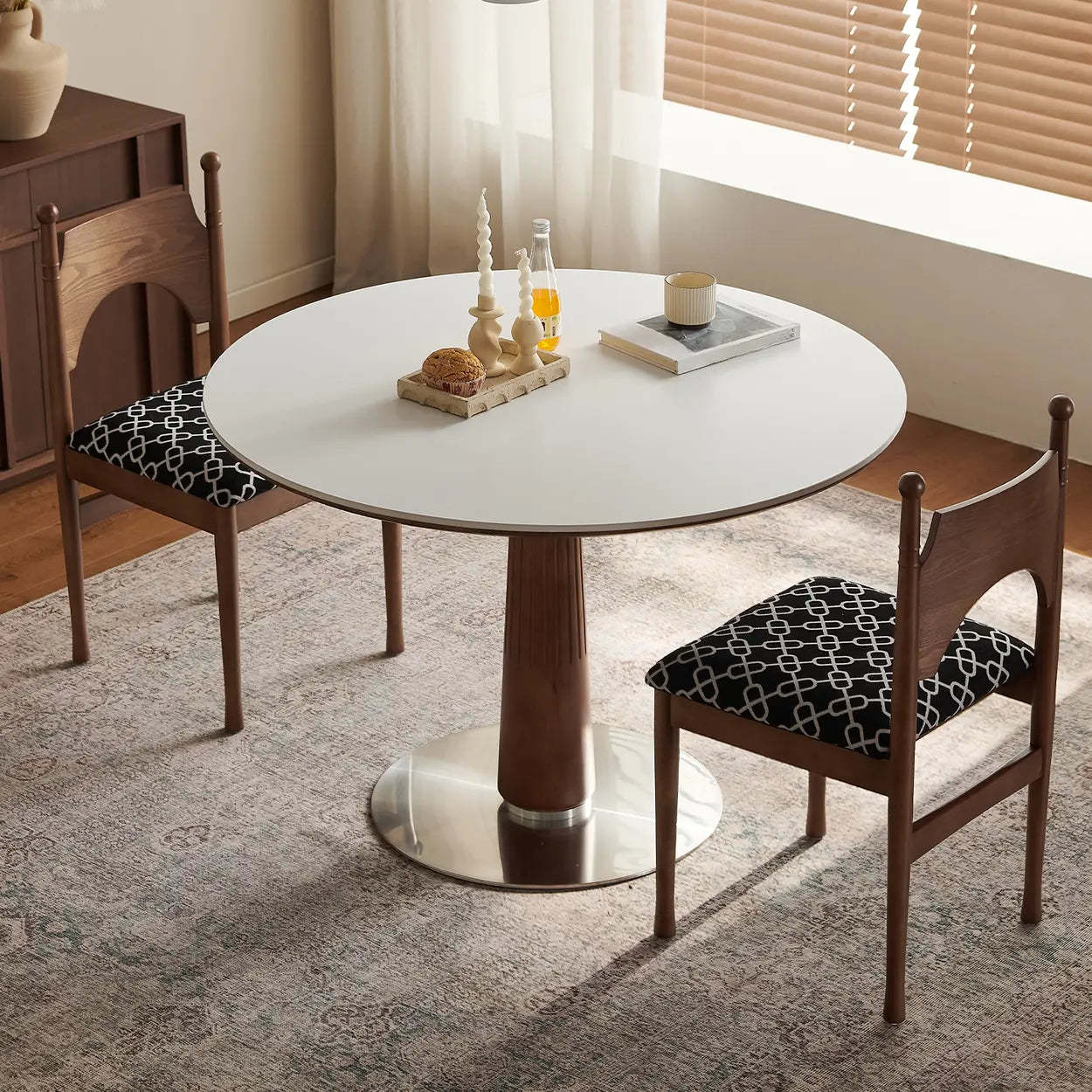 Mid-Century Round Stone Wood Pedestal Dining Table — Black / Table Only