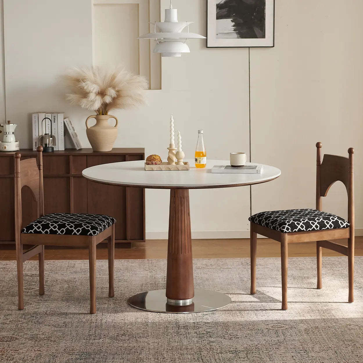 Mid-Century Round Stone Wood Pedestal Dining Table — Black / Table Only