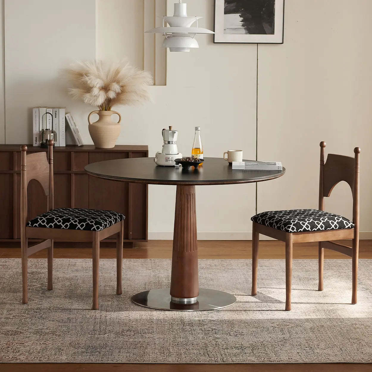 Mid-Century Round Stone Wood Pedestal Dining Table — Black / Table Only