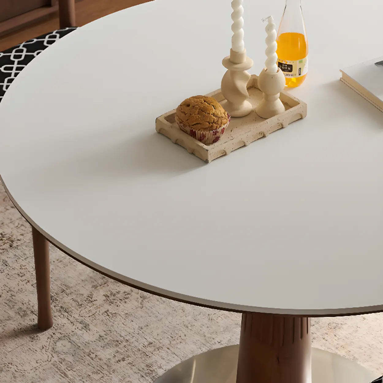 Mid-Century Round Stone Wood Pedestal Dining Table — Black / Table Only