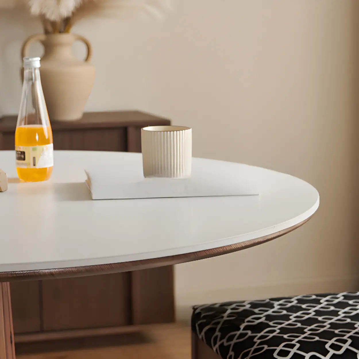 Mid-Century Round Stone Wood Pedestal Dining Table — White / Table Only