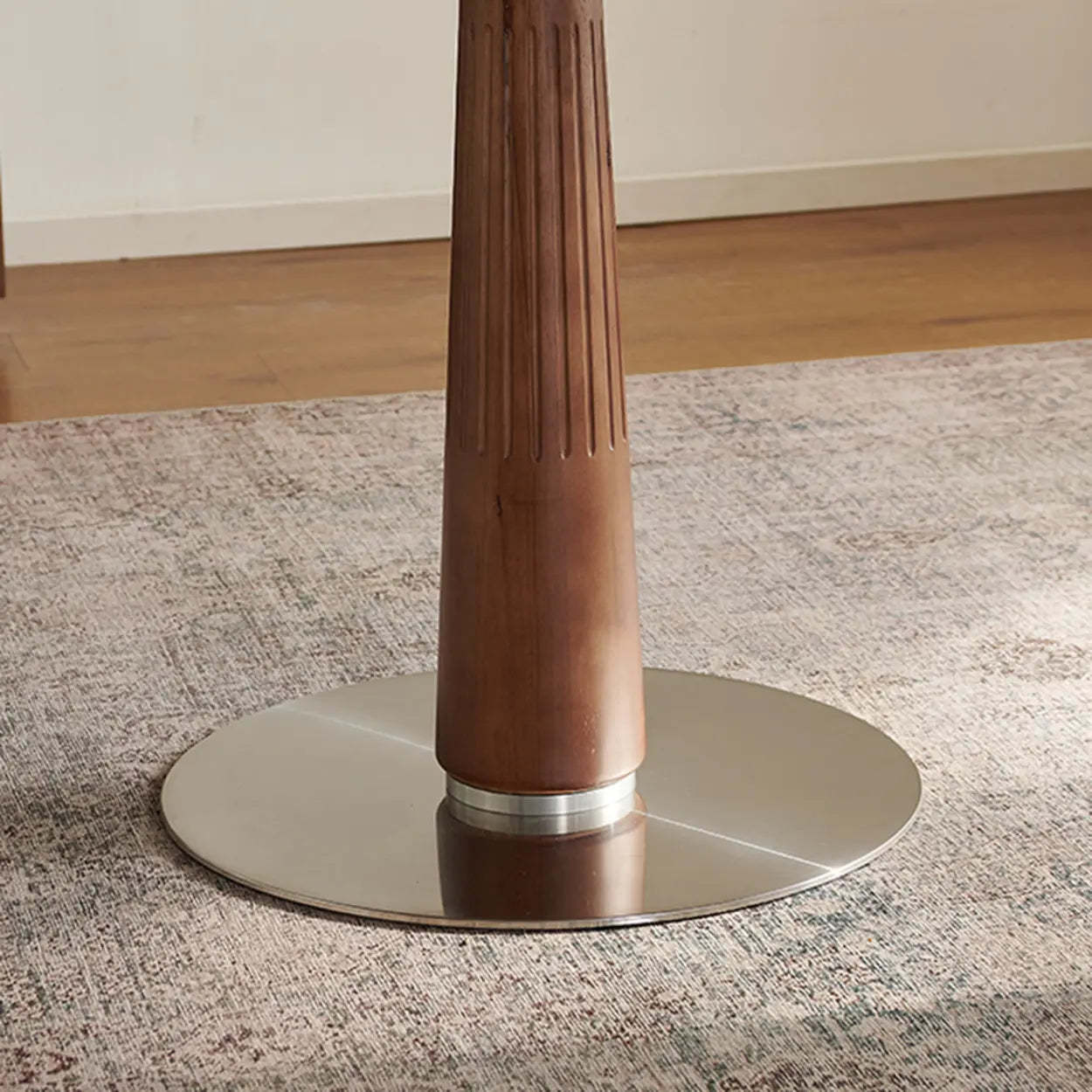 Mid-Century Round Stone Wood Pedestal Dining Table — White / Table Only