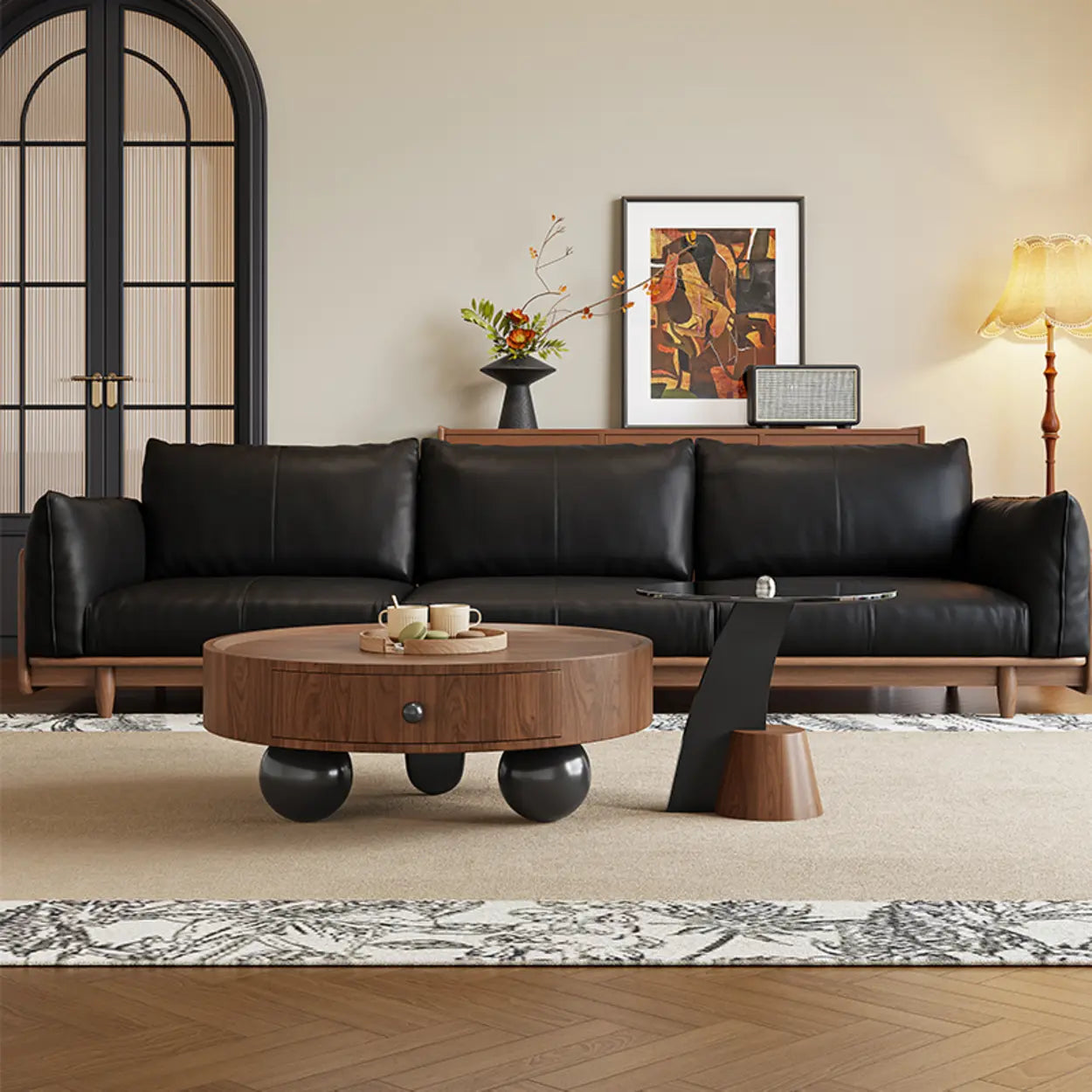 Mid-Century Round Wood Coffee Table with Drawer