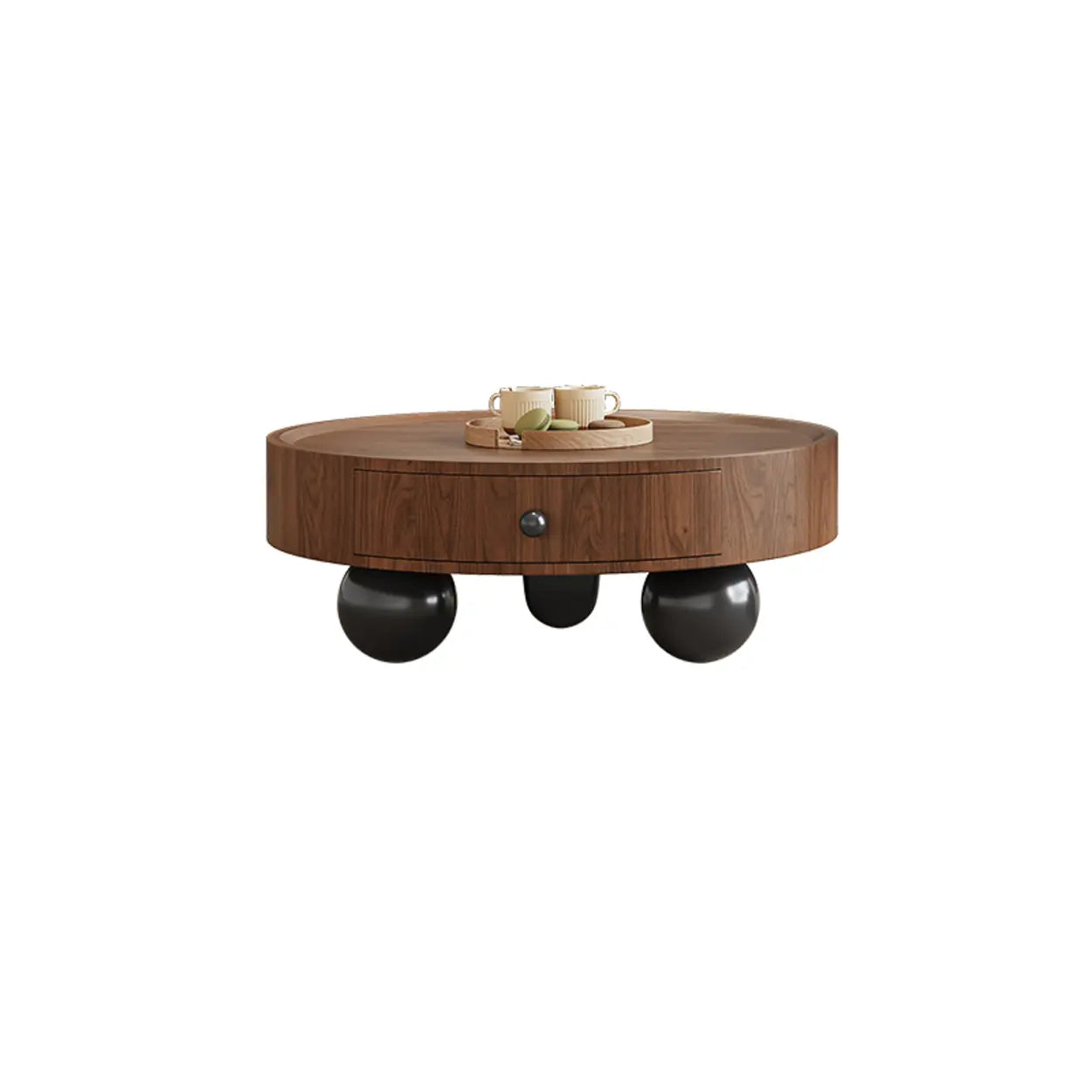 Mid-Century Round Wood Coffee Table with Drawer