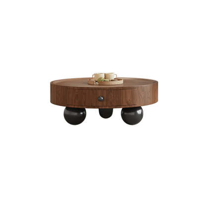 Mid-Century Round Wood Coffee Table with Drawer