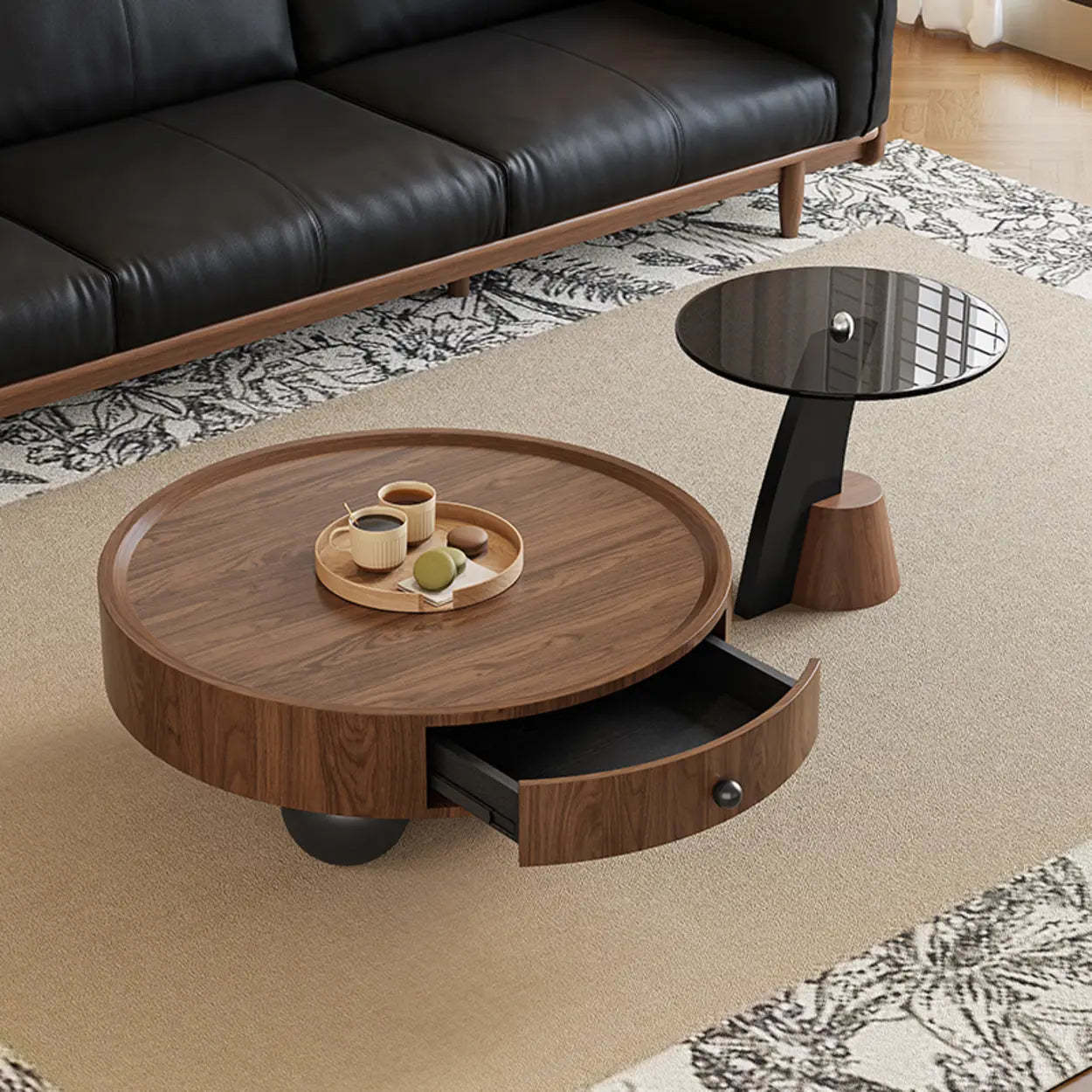 Mid-Century Round Wood Coffee Table with Drawer