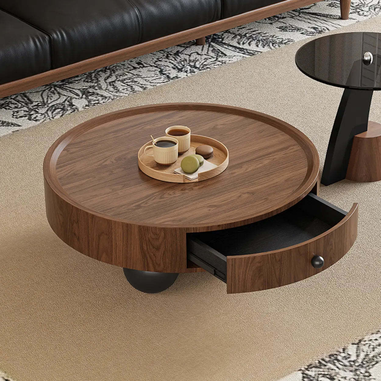 Mid-Century Round Wood Coffee Table with Drawer