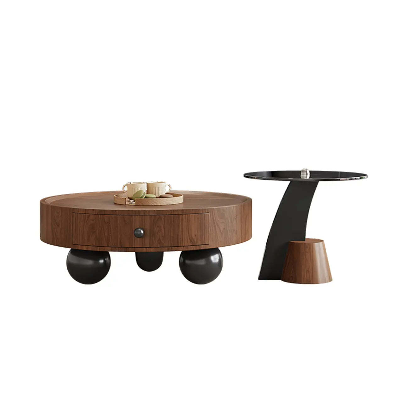 Mid-Century Round Wood Coffee Table with Drawer