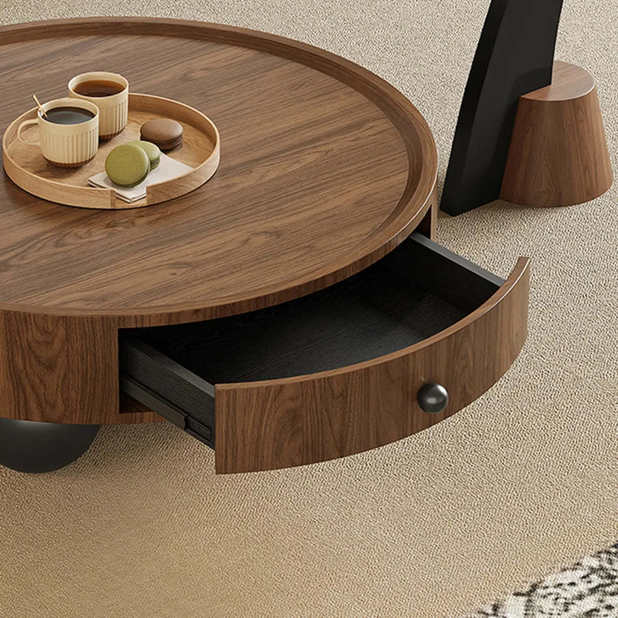 Mid-Century Round Wood Coffee Table with Drawer