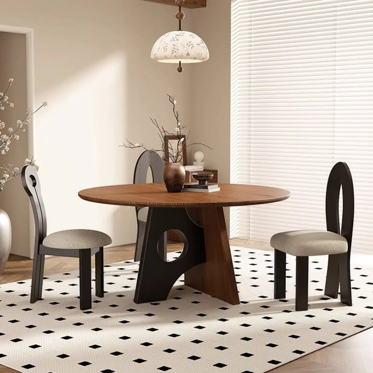 Mid-Century Round Wood Geometric Base Dining Table
