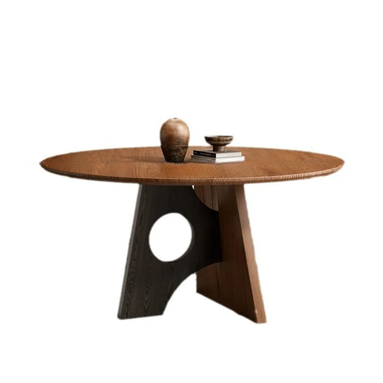 Mid-Century Round Wood Geometric Base Dining Table — Table Only