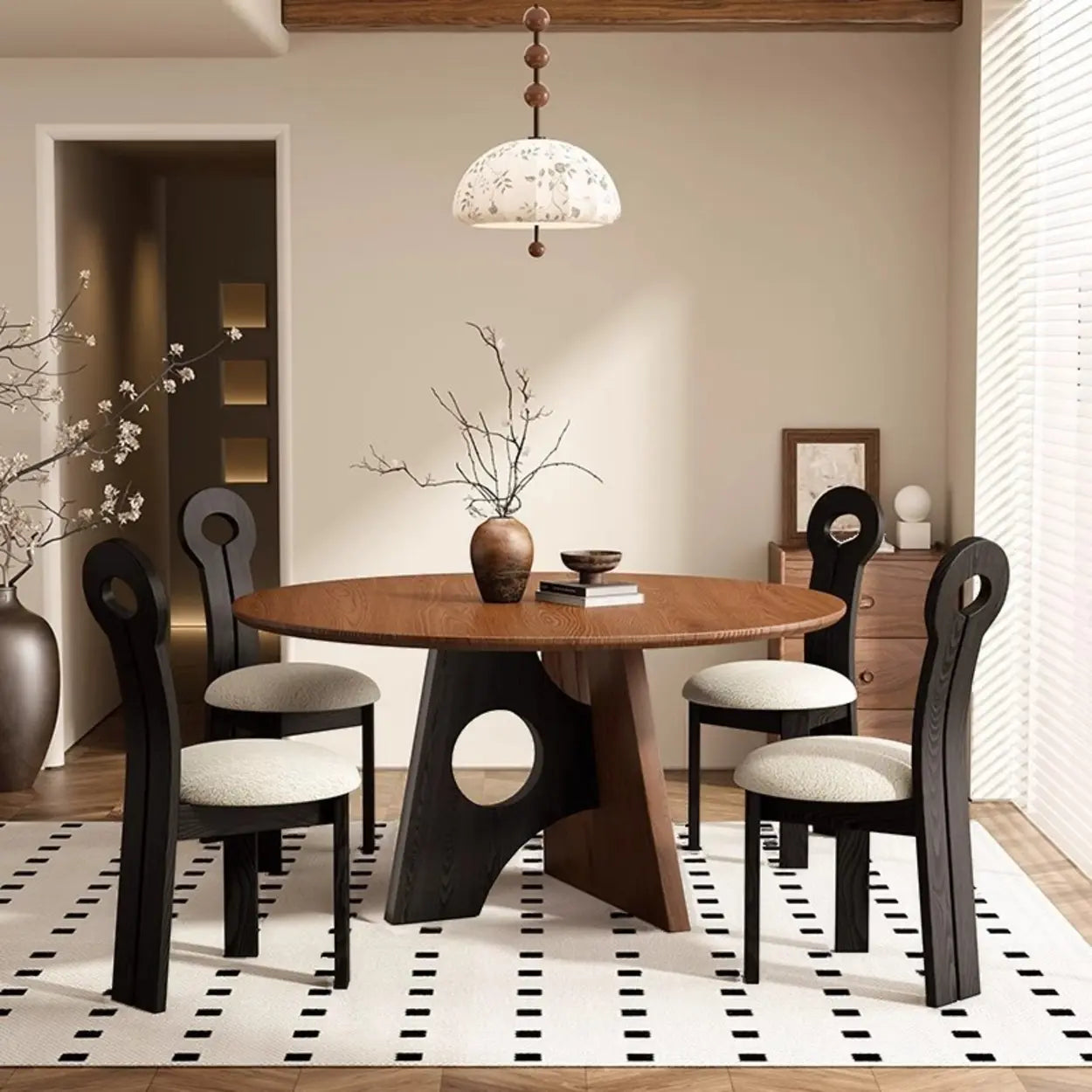 Mid-Century Round Wood Geometric Base Dining Table — Table Only