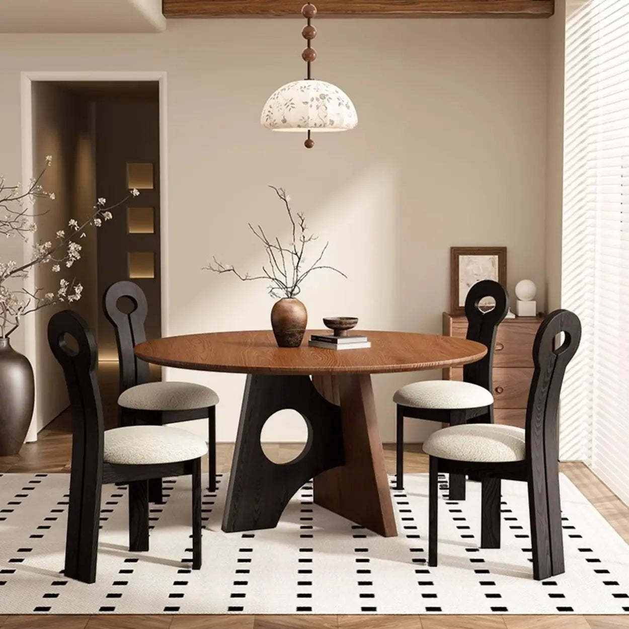 Mid-Century Round Wood Geometric Base Dining Table — Table Only