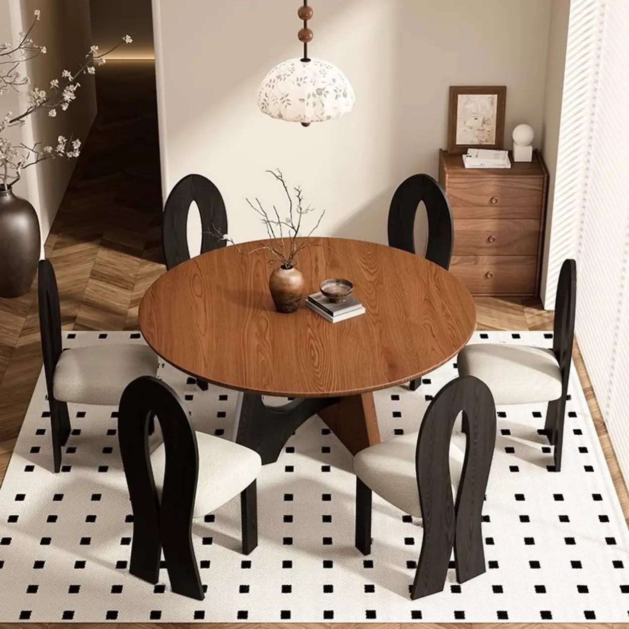 Mid-Century Round Wood Geometric Base Dining Table — Table Only