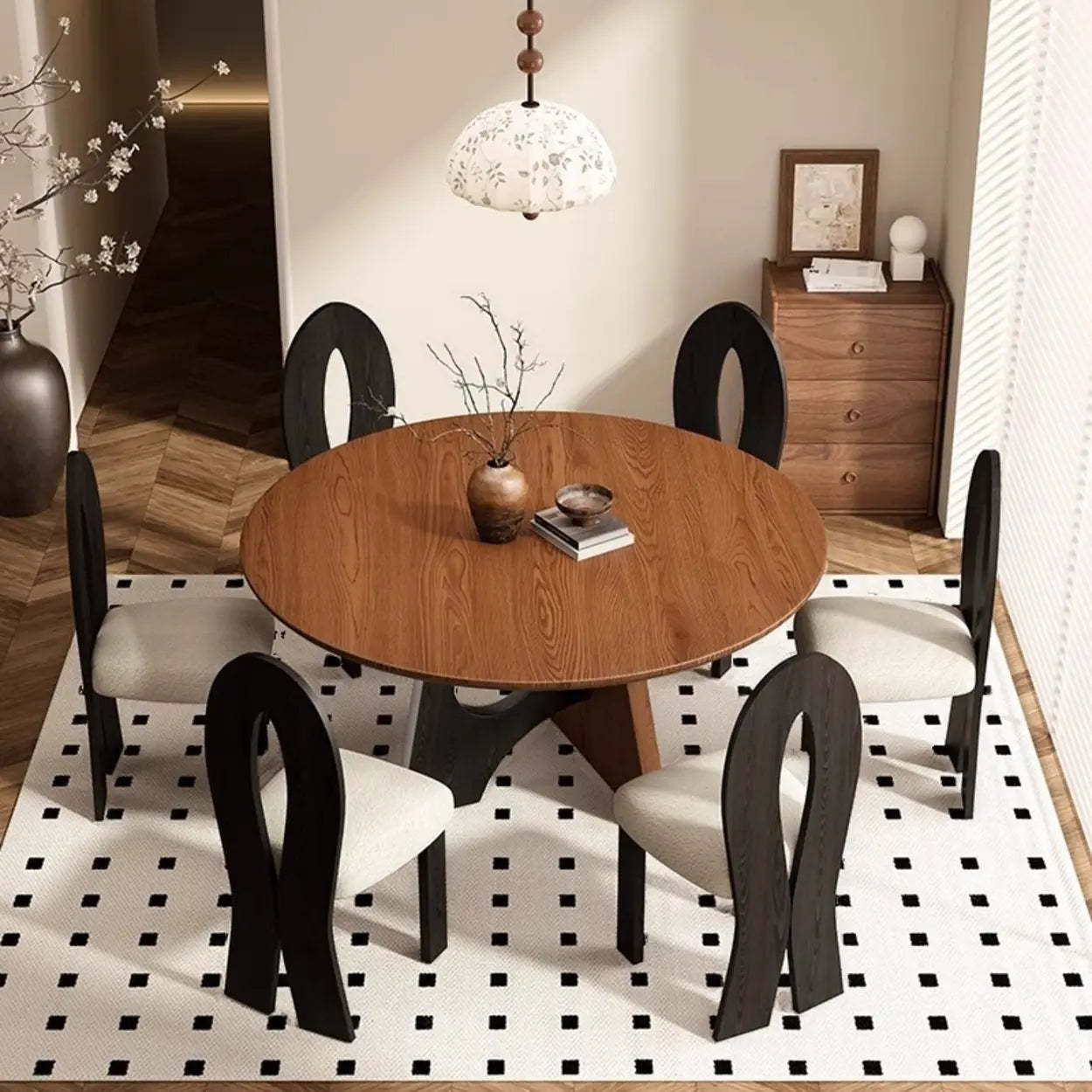 Mid-Century Round Wood Geometric Base Dining Table — Table Only