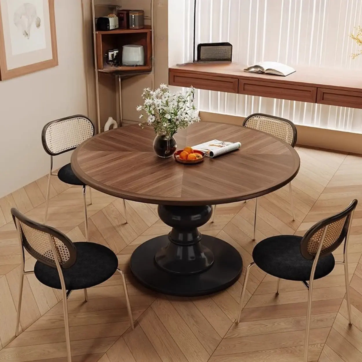 Mid-Century Round Wood Black Pedestal Dining Table — Table Only