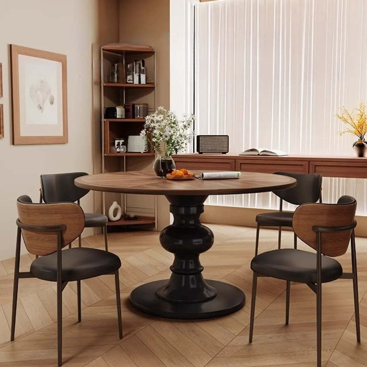 Mid-Century Round Wood Black Pedestal Dining Table — Table Only