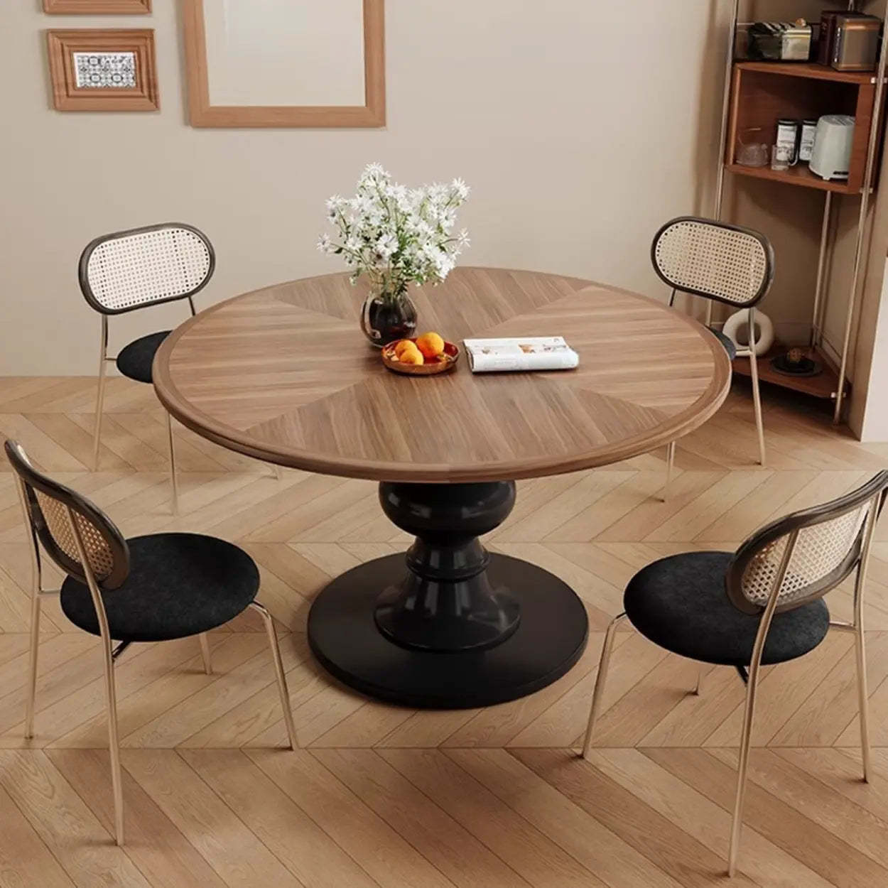 Mid-Century Round Wood Black Pedestal Dining Table — Table Only