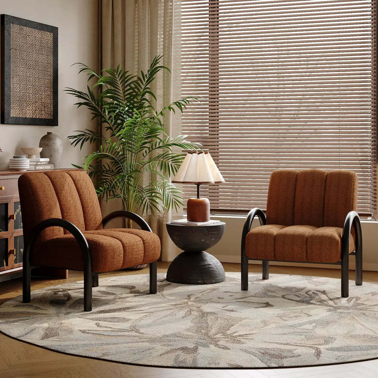 Mid-Century Sherpa Upholstered Armrest Accent Chair — Sherpa / Tan