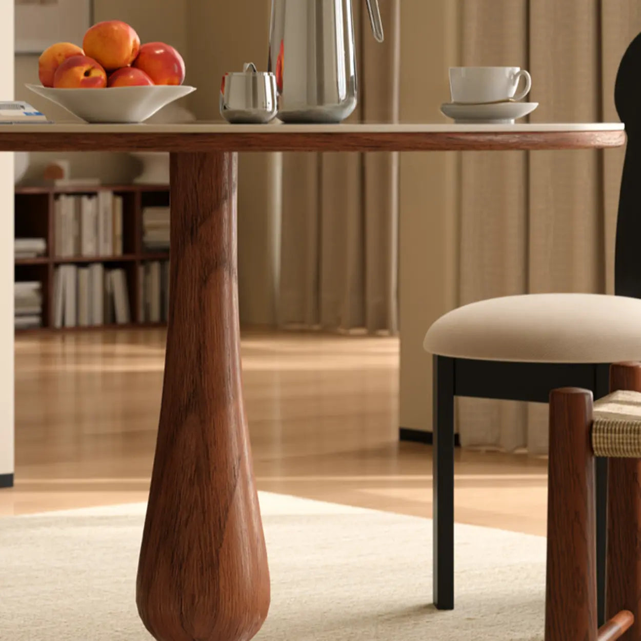 Mid-Century Small Stone Top Round Dining Table — White / Table Only