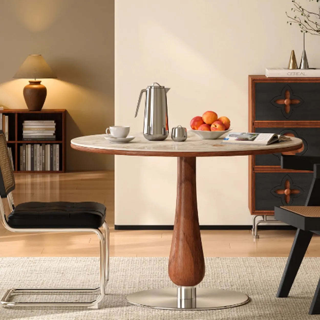Mid-Century Small Stone Top Round Dining Table — Black / Table Only